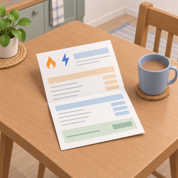 A folded household gas and electricity bill lying on a kitchen table beside a mug, its pages showing plain colour bands and blank lines where unit rates, standing charges and total amounts would appear, with no readable figures.