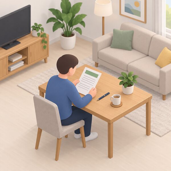 A simplified isometric figure sits at a table in a home living room reading a printed fixed-term energy contract, a pen resting beside the signed pages shown only as blank lines and plain blocks.
