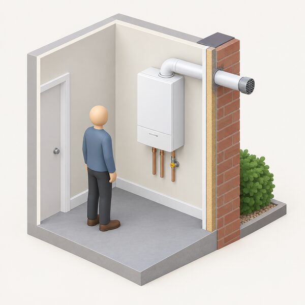A cutaway view of a home corner showing a wall-mounted domestic gas boiler indoors with its horizontal flue pipe passing through the outside wall to a terminal outside, with a small simplified figure standing beside it.