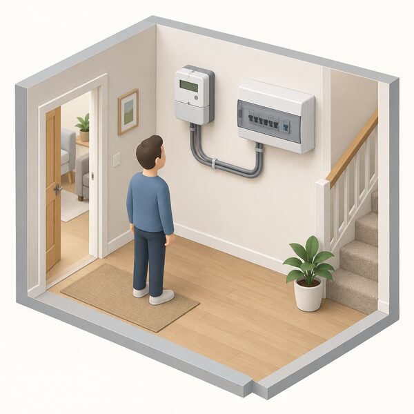 A domestic electricity meter mounted on an inside wall of a home, shown in a simple cutaway interior with its cable running to the consumer unit, as the point through which all the bill's cost components are charged.