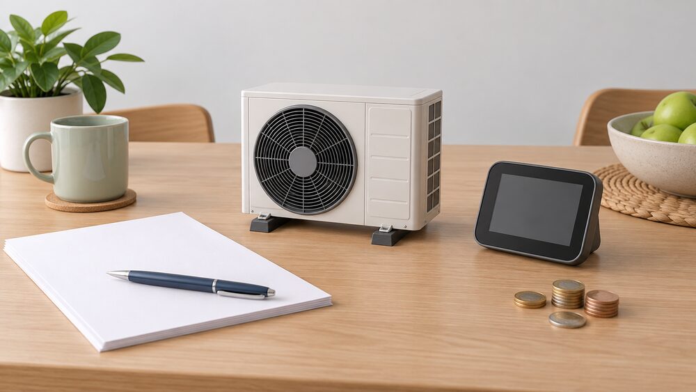 A small model of an air source heat pump fan unit stands on a kitchen table beside blank paperwork, a smart meter display with a blank screen, a pen and a few coins, suggesting a household comparing energy tariff choices.