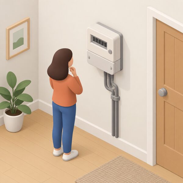 A domestic electricity meter mounted on an interior wall of a home, with a small isometric figure standing beside it looking at the meter, the meter face shown as plain blank blocks with no readable figures, representing the capped standard variable tariff at household level.