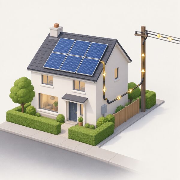 A simple everyday street-level view of a house with solar panels on its roof, with a cable running from the home down a pole to an overhead electricity line, showing exported power flowing to the grid.