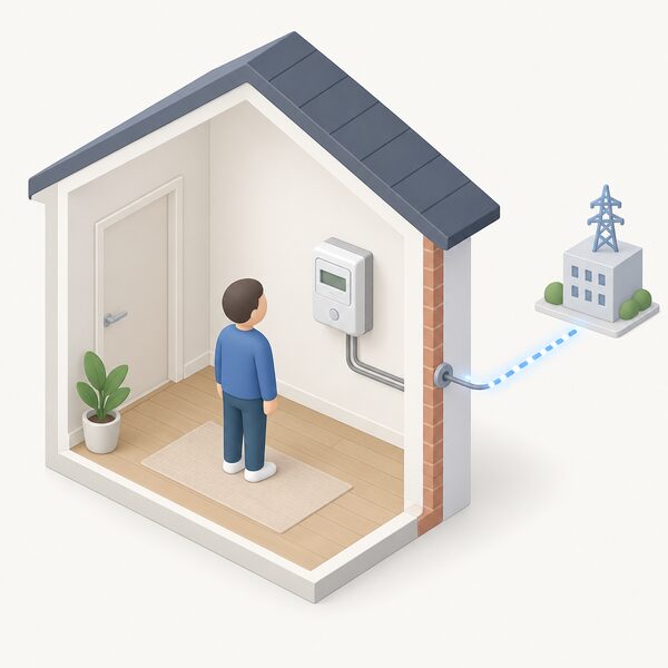 A small isometric figure stands beside a smart electricity meter mounted on an interior wall of a home, with a cable running from the meter outward through the wall to represent the connection carrying the household's consumption data to the supplier.