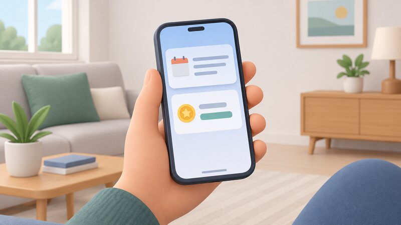 A hand holding a smartphone in a home setting, its screen showing a plain notification banner for an upcoming powerDOWN event and a points balance, both rendered as blank blocks and lines with no readable words or numbers.