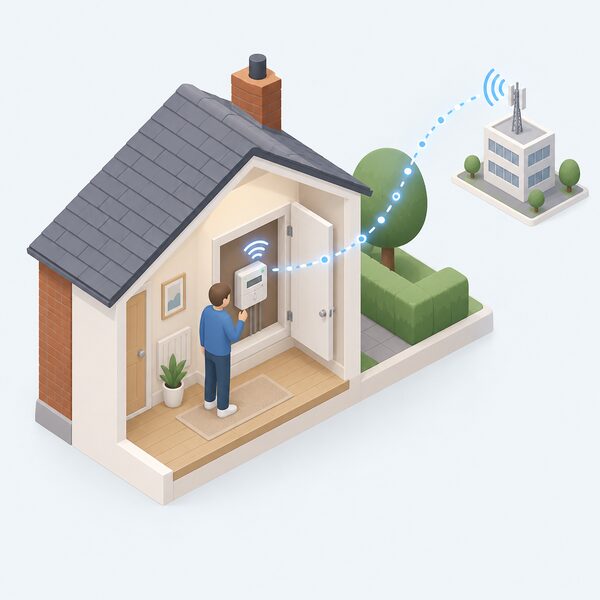 A cutaway view of a UK home's meter cupboard with a small isometric figure checking a newly installed smart electricity meter, with a simple signal path shown travelling from the meter out of the house towards the supplier, representing half-hourly readings being sent.