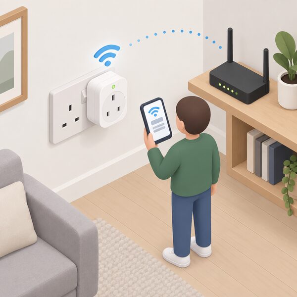A single TP-Link energy monitoring smart plug plugged into a wall socket in a UK home, with a small isometric figure holding a phone showing the plug joining the home WiFi network, a WiFi router visible nearby on a shelf.