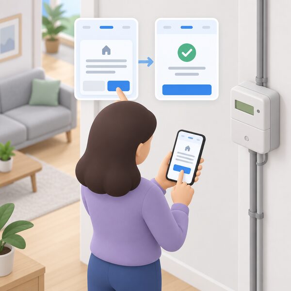 A person at home holding a smartphone showing the app's Manage tab with a reconnection consent prompt, standing near a smart electricity meter on an inside wall, with a confirmation message displayed on the screen after tapping continue.