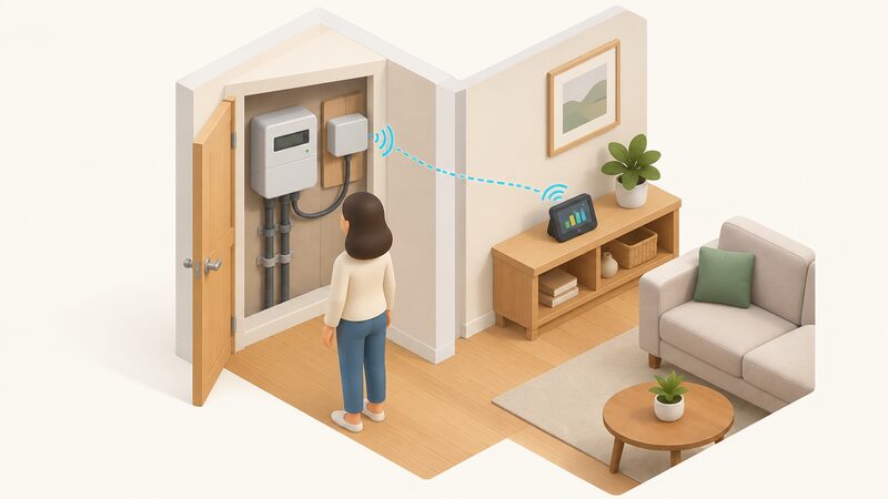 A small isometric view of a UK household meter cupboard with a wall-mounted smart electricity meter and its communication hub, and an in-home display shown on a nearby shelf inside the home, connected by a simple signal line.