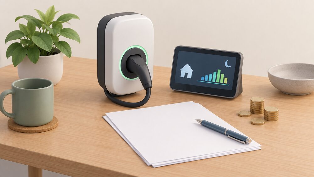 A small model of a home EV wall charger stands on a table beside a smart meter display, blank paperwork, a pen and a few coins, arranged as the moment a household signs up for a cheaper overnight charging deal.