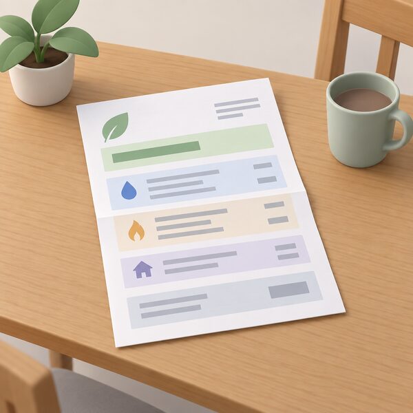 A folded paper energy bill lying flat on a household table, its printed layout showing a tariff name band, unit rate lines and standing charge lines as blank blocks, with no readable figures.