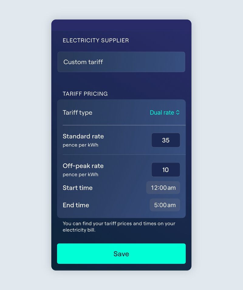 Ohme app screenshot of the price cap screen enabling smart charging limited to 10p per kWh between 11:00 PM and 7:00 AM