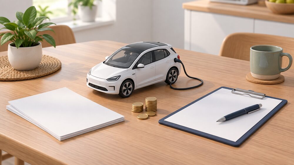 A small model of a plug-in electric car with a charging cable stands on a kitchen table beside blank application paperwork, a clipboard with a pen, and a small stack of coins, suggesting a household checking whether it qualifies for an EV tariff.