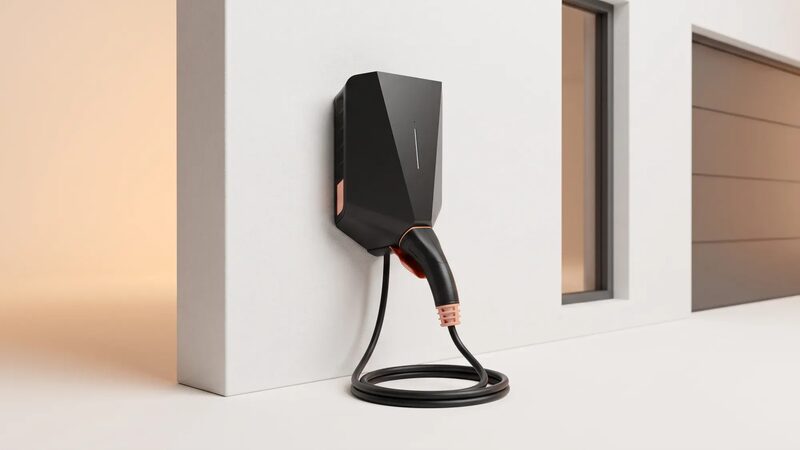 A black wall-mounted home EV charge point with coiled cable on a white house wall