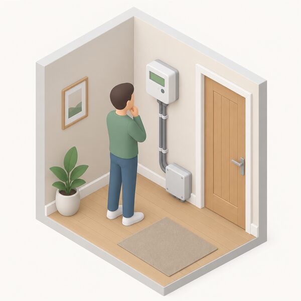 A compact smart meter mounted on an interior wall of a home, with a simplified isometric figure standing beside it looking at its display, the meter connected by visible cabling down to the electricity supply position, shown as a clean domestic installation scene.