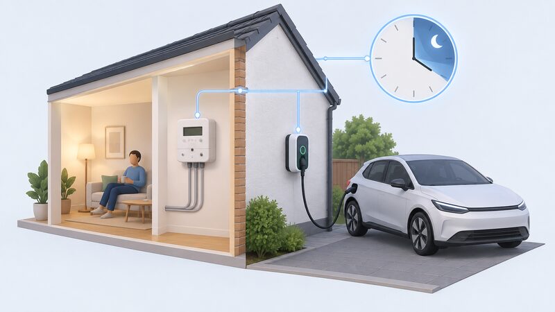 A cutaway house wall scene showing a SMETS2 smart meter, a wall-mounted home charger outside and an electric car plugged in, joined by a connecting line to a clock graphic with a shaded band marking the overnight cheap-rate window.