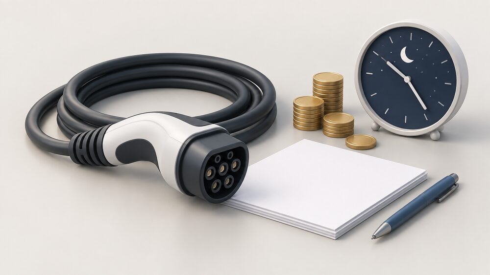 A close-up tabletop arrangement of an EV charging plug and coiled cable resting beside blank paperwork, a stack of coins, and a round clock face showing a night-time hour, representing the choice between a flat rate and a cheaper overnight charging window.