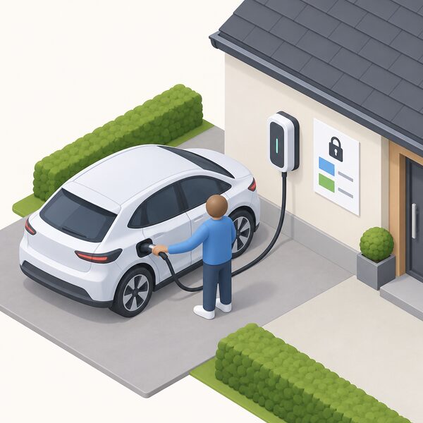 A small isometric figure plugs a charging cable from a home wall-mounted EV charger into an electric car on the driveway, with a printed sheet beside the charger showing a plain locked rate band representing the unit price and standing charge fixed for the whole term.