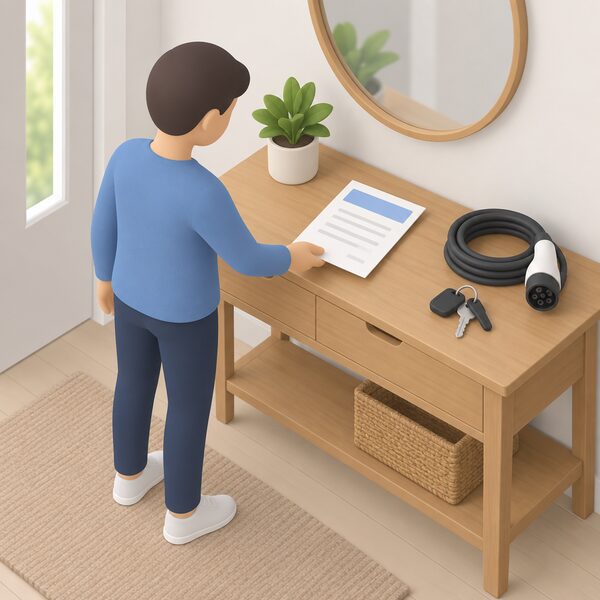 A reminder letter lying on a hall table beside an EV charging cable and keys, its content shown only as blank lines and a plain colour band, with a simplified figure reaching for it.