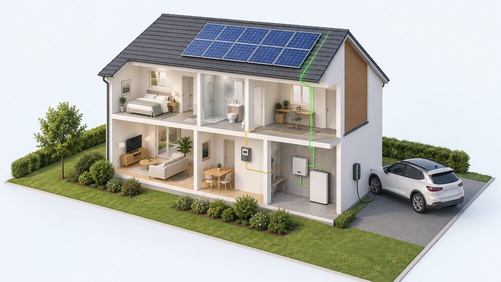A cutaway house with solar panels on the roof, a home battery and inverter on the wall of a garage or utility space, a smart meter indoors, and an EV charger on the outside wall beside the drive, all as one connected system.