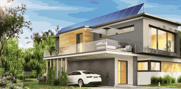 A modern two-storey house with rooftop solar panels and a white electric car charging in the driveway