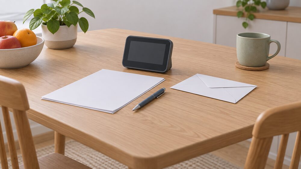 A kitchen table with a smart meter's small in-home display standing beside blank application paperwork, a pen and a sealed envelope, with no electric car or charger anywhere in the scene.