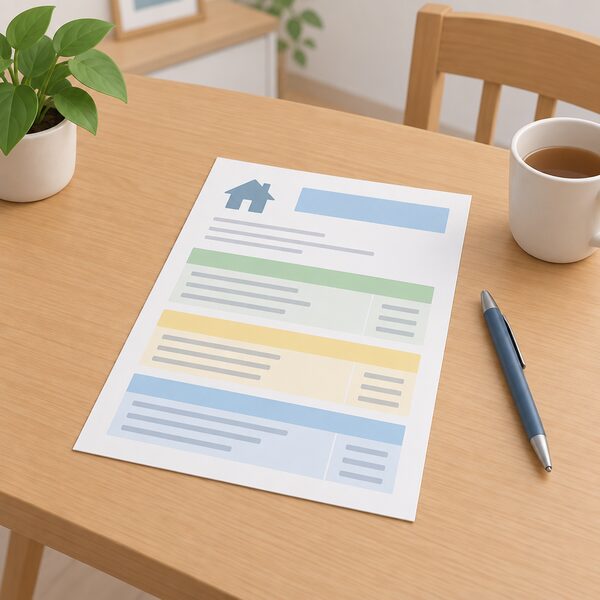 A household energy tariff document lying flat on a domestic table, drawn as a physical printed sheet with plain colour bands and blank lines instead of readable content, beside a simple pen, with no car, charger or charging scene anywhere in the picture.