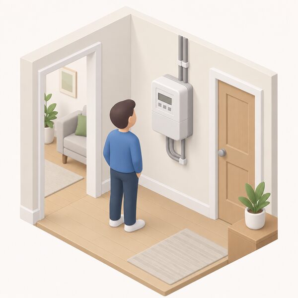 A simplified isometric indoor scene showing a smart meter box mounted on an interior wall of a home, with a small figure standing beside it looking at the meter, its cables running into the wall, and no EV charger or car present.