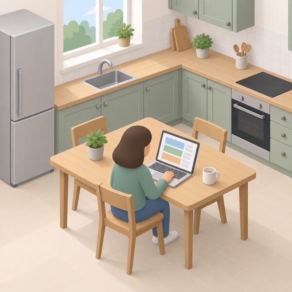 A small simplified isometric figure sits at a kitchen table with a laptop open in front of them, one hand on the keyboard, choosing a new energy tariff at home, with plain kitchen units and a window in the background and no readable text on the screen.