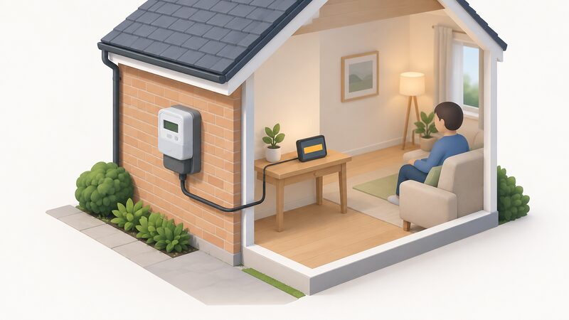 A domestic electricity meter on an outside wall, with a cable running from the meter into the house to an in-home display on an interior table, the display screen showing a plain fixed rate as a simple block with no readable figures.