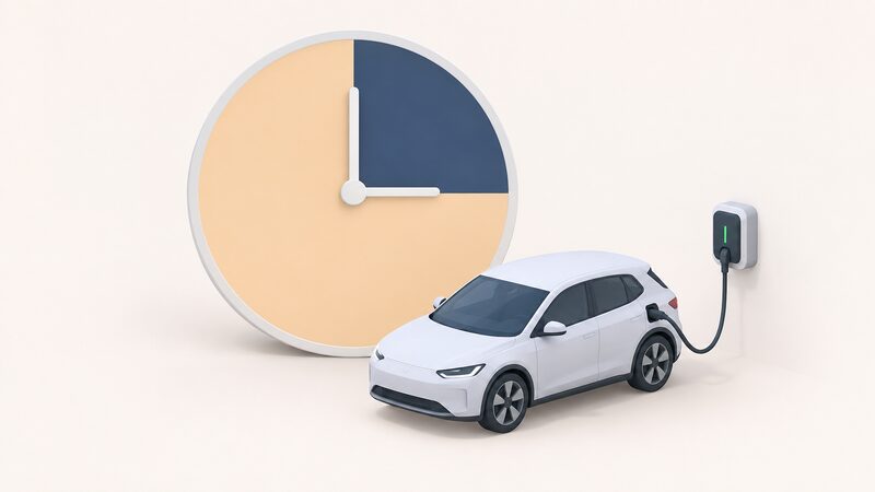 A large 24-hour clock face drawn as a printed diagram sheet, with a plain dark colour band marking the segment from midnight to 6am as the cheap overnight window and a contrasting lighter band around the remaining eighteen hours as the peak rate, beside a small isometric electric car connected to a home wallbox charger.