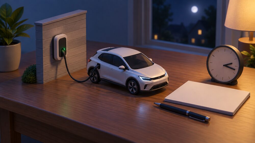 A small model of an electric car parked beside a model of a wall-mounted home chargepoint on a table at night, with blank paperwork, a pen and a round clock showing an early-hours time arranged beside them.