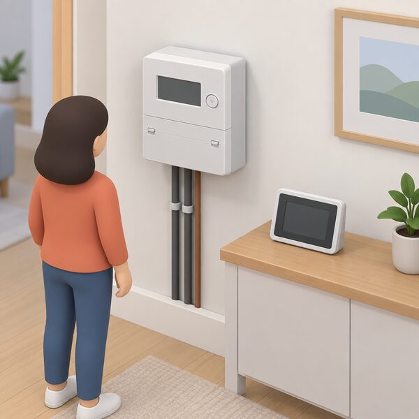 A smart meter mounted on an indoor wall with its separate small display screen nearby, showing the equipment a household needs so the tariff can take half hourly readings.