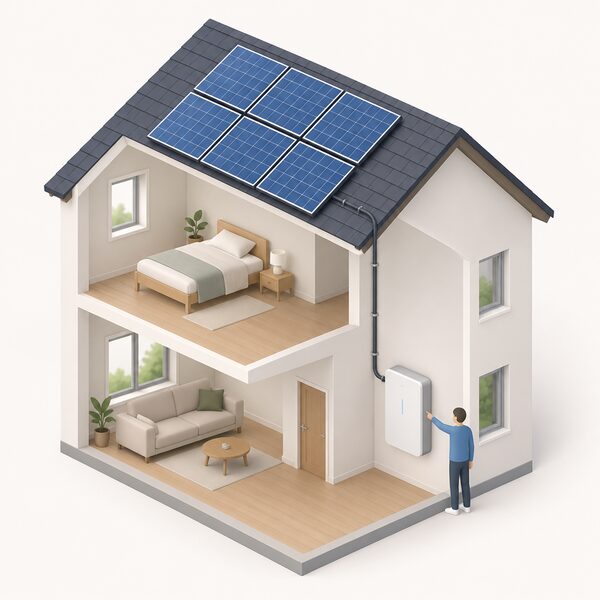 A cutaway view of a house with solar panels on the pitched roof and a wall-mounted home battery unit indoors, connected by visible cabling, with a small isometric figure standing beside the battery pointing at it.