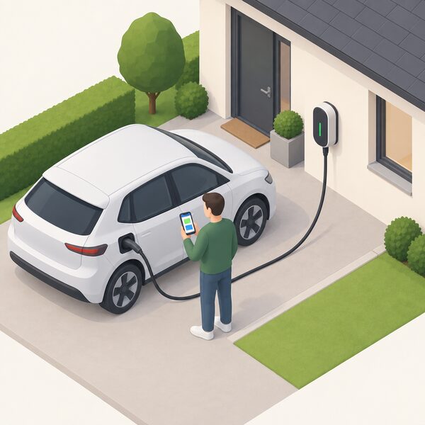 A small isometric figure plugs a charging cable from a wall-mounted home smart charger into an electric car parked on a driveway outside a house, with a phone screen held in hand showing only plain colour blocks to suggest supplier-controlled charging.