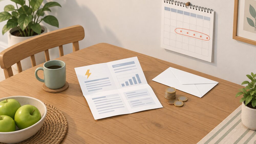A kitchen table with a folded energy bill lying open beside a wall calendar with a stretch of days circled, a blank envelope ready for a new application, and a small stack of coins, all suggesting the moment a household checks its contract end date before switching.