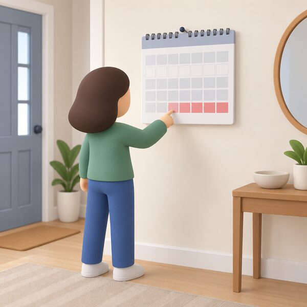 A wall calendar hanging in a home hallway, with a highlighted band of days at its end representing the final 49-day switching window, and a simplified figure pointing at that marked stretch.