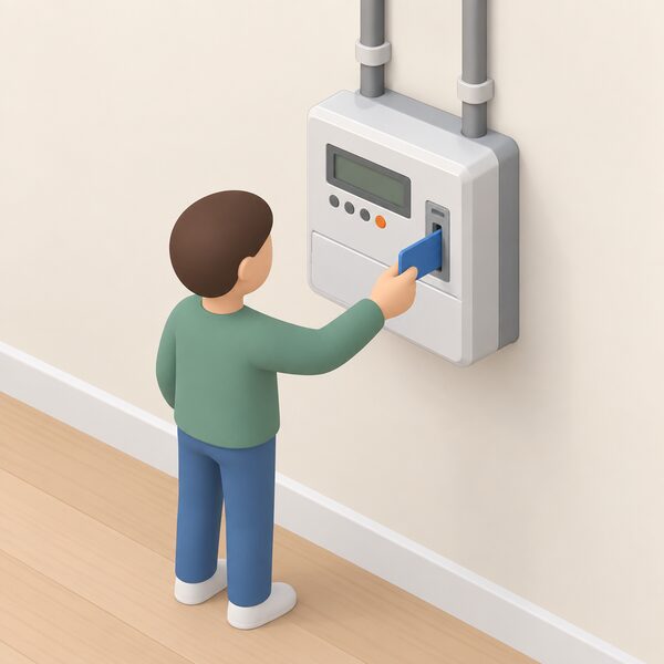 A domestic prepayment meter mounted on a wall inside the home with a small isometric figure inserting a plastic top-up key into its slot, showing the meter type that does not prevent switching supplier.