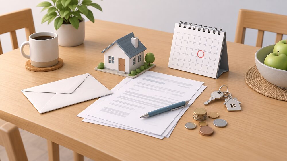 A kitchen table with blank energy paperwork and a sealed envelope beside a small model house, a bunch of keys, a wall calendar showing a marked date, and a scattering of coins, suggesting the moment a household times a switch or a house move.