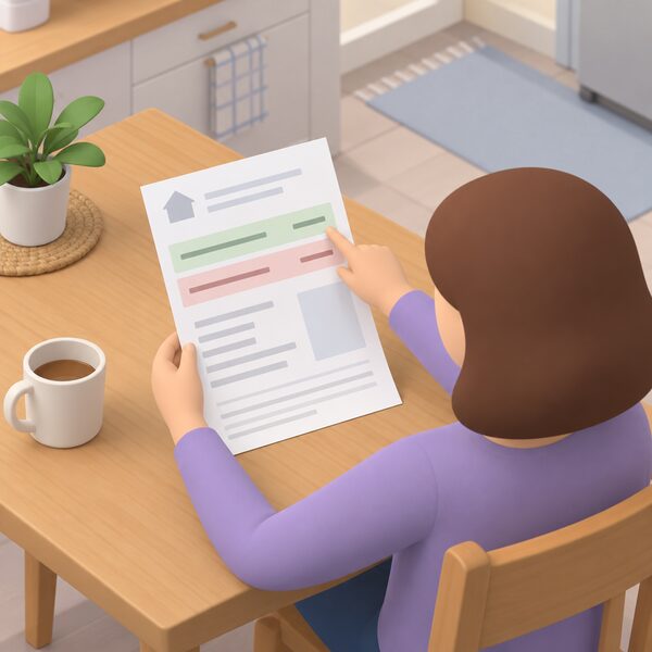 A paper energy bill lying on a kitchen table, held by a simplified figure pointing to a highlighted block near the top where the contract end date and exit fee details appear as plain colour bands and blank lines.