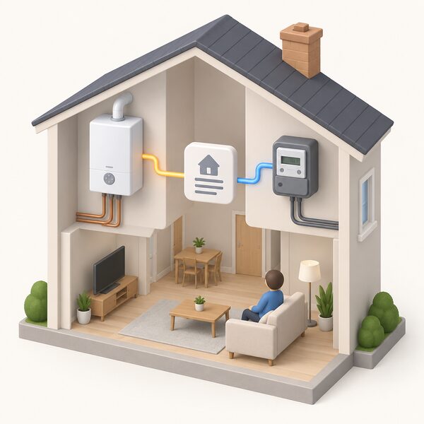 A cutaway home interior showing a wall-mounted gas boiler on one side and an electricity meter on the other, both connected by plain supply lines to a single simplified account card between them, representing one household's dual fuel supply.
