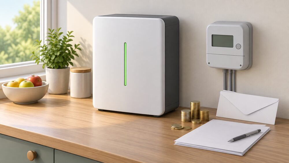 A wall-mounted home battery unit standing on a kitchen table beside blank application paperwork, a plain envelope, a small stack of coins and a wall-mounted smart meter with a blank display, all lit by daylight from a nearby window.