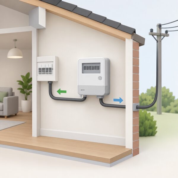 A smart meter mounted on an interior wall of a home, shown in a simple cutaway with its metering display and connections to the household's incoming electricity supply and the cable running out toward the grid, illustrating that exported electricity is recorded at the meter.