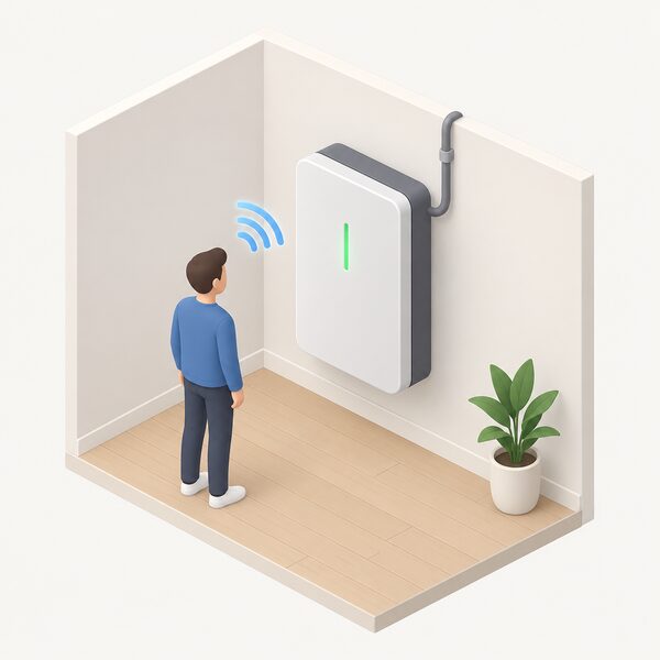A wall-mounted home battery unit indoors with a cable running to it, shown as the equipment a supplier remotely controls for automated charging and export, with a small isometric figure standing beside it indicating a wireless control signal.