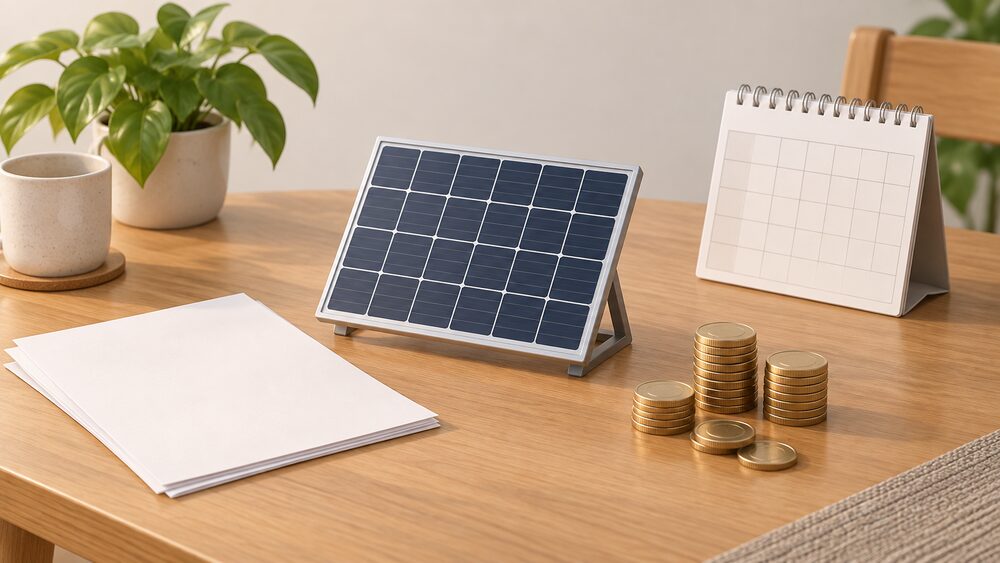 A small model of a rooftop solar panel rests on a kitchen table beside a blank letter, a stack of coins and a wall calendar, representing the quarterly generation and export payments still arriving for an accredited installation.
