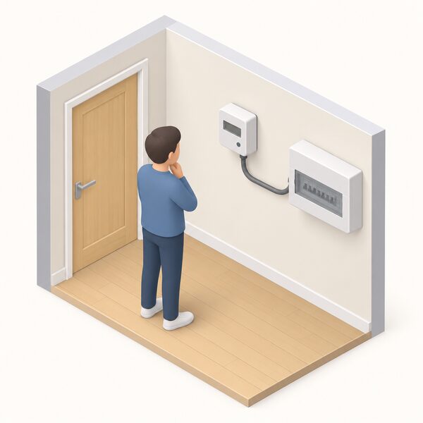 A small wall-mounted generation meter box fixed indoors on a plain wall of a UK home, with simplified isometric figure of a householder looking at it, and a cable running from it toward the consumer unit, showing the meter that records the renewable electricity the installation produces.
