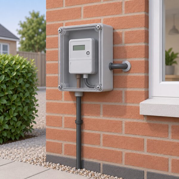 A domestic electricity meter in a clear plastic-covered box mounted on the outside brick wall of a house, with the incoming supply cable rising from the ground and a cable running through the wall into the house, shown as a simple exterior scene.