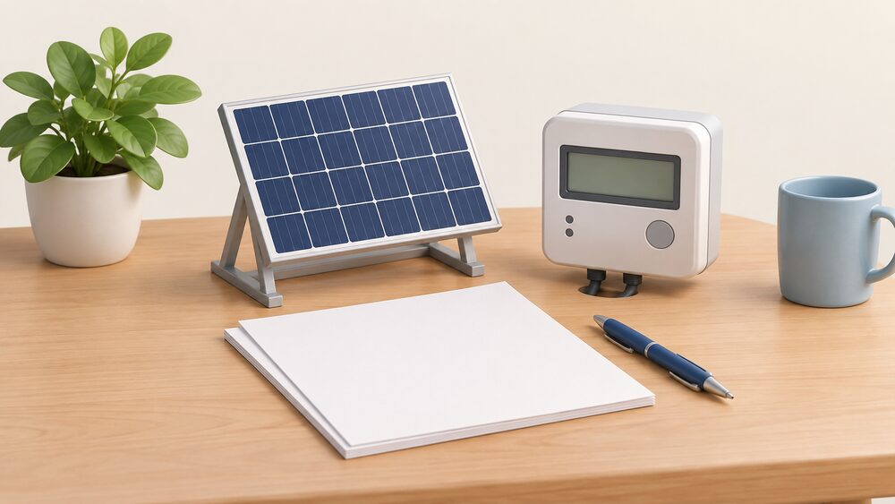 A small model of a rooftop solar panel stands on a table beside blank paperwork, a pen, and a small electricity export meter with a blank display, suggesting a household deciding between two export payment schemes.