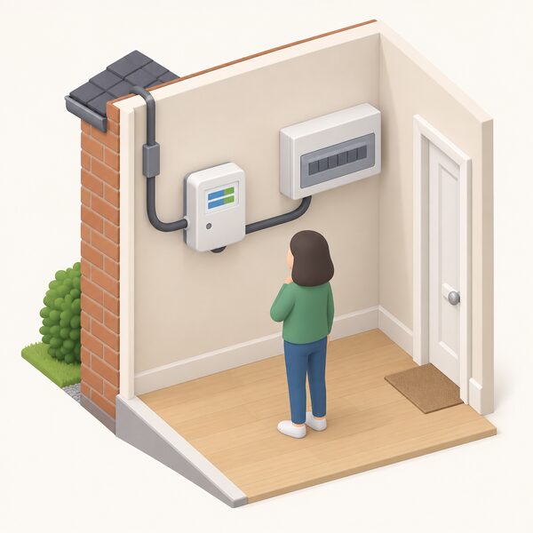 A wall-mounted smart electricity meter inside a home, shown in a cutaway view with its outgoing supply cable running to the consumer unit and a cable to the incoming grid supply, with a small isometric figure of a householder looking at its display.