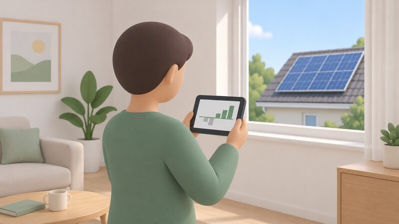 A homeowner stands indoors holding an in-home display whose screen shows a plain export bar, with a rooftop solar panel array visible through a nearby window.